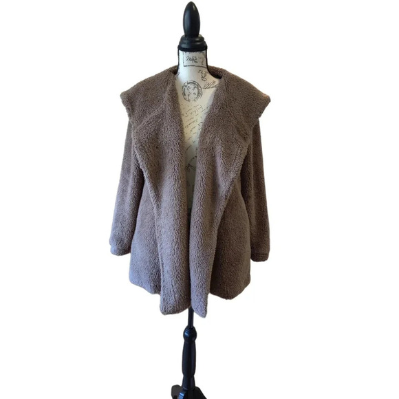 Easel Teddy Coat Brown Open Front Hoodie Size S - Picture 3 of 8